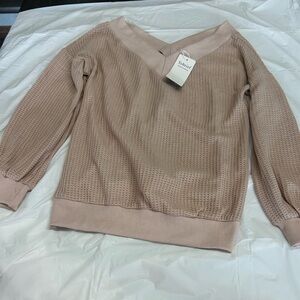 Scoop Neck Waffle Knit Sweater - Light Taupe Pink